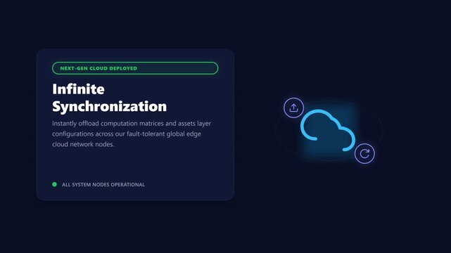 Dynamic cloud network visualization with glowing icons and text overlay, representing infinite synchronization and next-generation cloud deployment, symbolizing connectivity, data transfer.