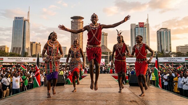 Maasai dancers in traditional red attire perform high jumps on a stage during the Madaraka Day celebration in Nairobi, Kenya, with city buildings behind