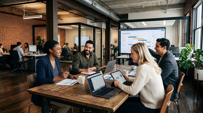 Diverse team collaborating on projects in modern office space
