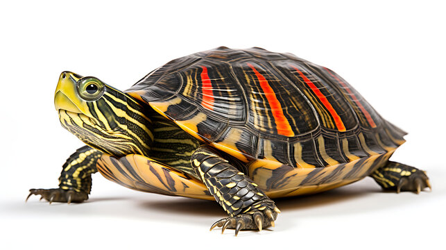Red eared slider turtle with bright red stripes on shell isolated on white background studio shot.