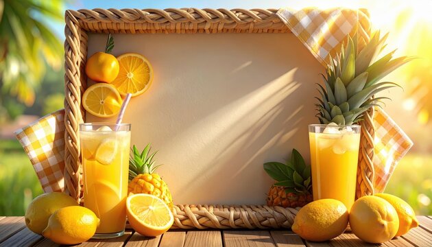 Sunny Father's Day Picnic Border Frame Background with Fresh Pineapple and Tropical Drinks. Bright Fruit Market Stall Layout Template for Summer Holiday Promotion