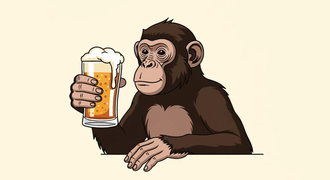Vector illustration of a brown chimpanzee sitting at a bar holding a tall glass of light beer with white foam, isolated on a cream background, primate character design.
