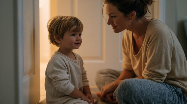 Parent sitting cross-legged on a bathroom floor talking calmly through the door to a child who has locked himself inside mid-tantrum, the quiet de-escalation of gentle parenting discipline visible i