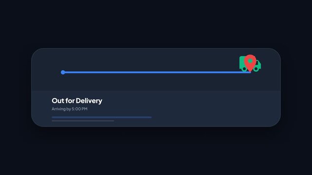 Animated delivery truck progressing along a tracking bar with arrival time notification, representing logistics, shipping, and e-commerce fulfillment, symbolizing efficient transportation.