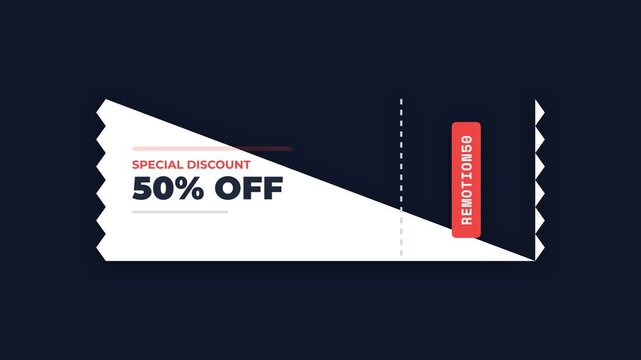 Animated discount coupon revealing 50% off special offer, with serrated edges and perforation line, symbolizing savings, promotions, and retail deals.