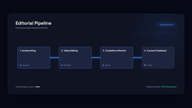 Cinematic Editorial Pipeline Workflow Animation, Progressing Through Scriptwriting, Video Editing, Compliance Review, and Content Publishing, Symbolizing Project Management and Production Stages.