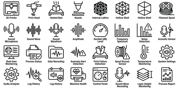3D printer and process monitoring icons, sound analysis, failure detection, and system settings vector.
