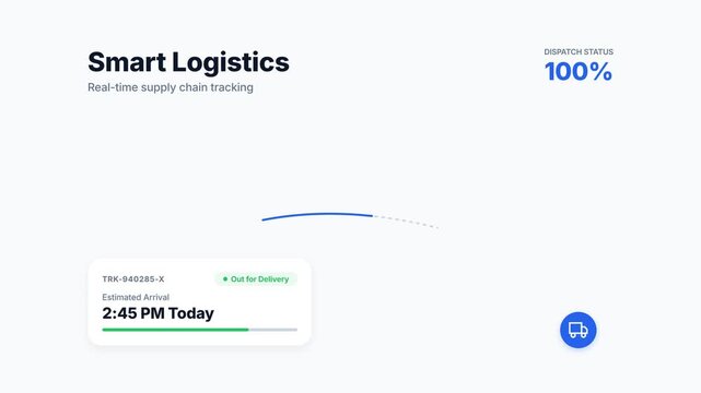 Dynamic supply chain tracking interface animation with progress bar and delivery status updates, symbolizing efficient logistics and real-time monitoring for global commerce and transportation.