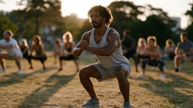 Outdoor fitness instructor leading bootcamp session on public park grass with twelve adults mid-exercise, early morning summer light casting long shadows across participants, sweat visible, instruct
