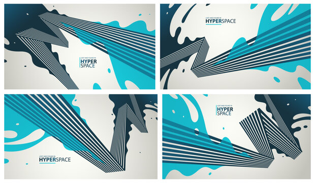 Dynamic vector abstract background set, lines in perspective with energy blast of a lava fluid in 3D space, splash in motion, modern creative art wallpaper.