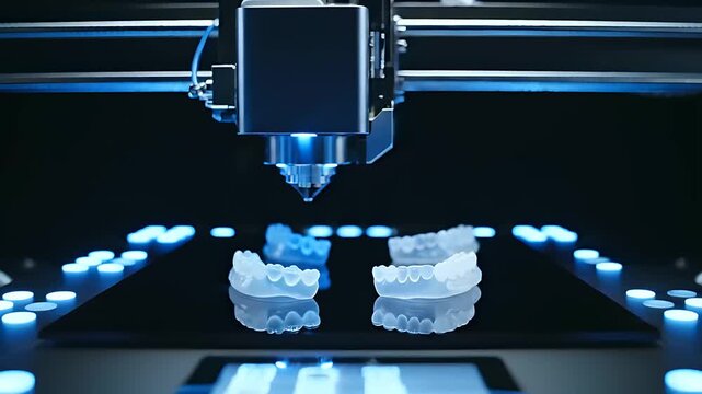 3D printer creating precise dental models in a laboratory. Advanced additive manufacturing produces clear orthodontic aligners. Digital dentistry concept for medical tech and healthcare marketing.