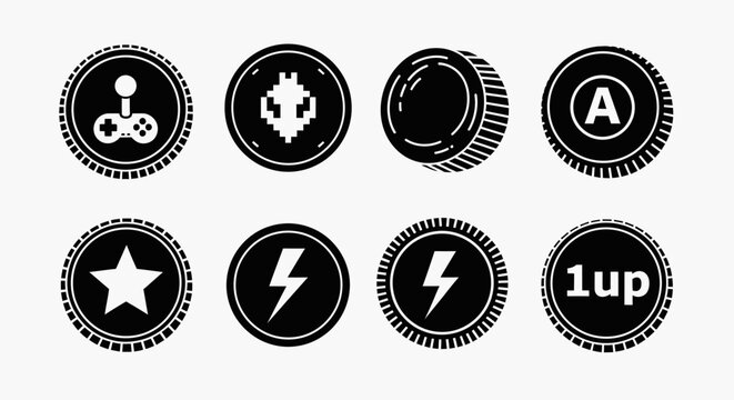 Retro Arcade Game Icons: Joystick, Pixel Art, Star, Energy Bolt, 1UP