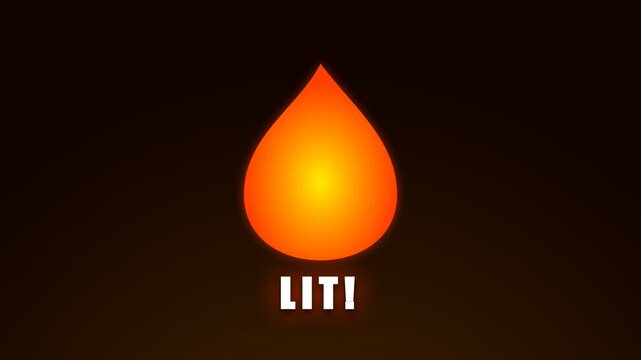 Dynamic animated flame graphic with "LIT!" text overlay, pulsating orange and yellow hues, abstract fire drop shape, symbolizing energy, passion, and excitement, for vibrant graphic resources.