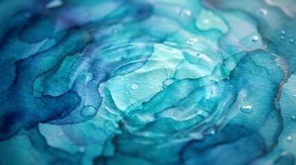 Obraz premium Close up vibrant shades of blue and turquoise watercolor painting texture with water ripples and droplets creating abstract pattern background.