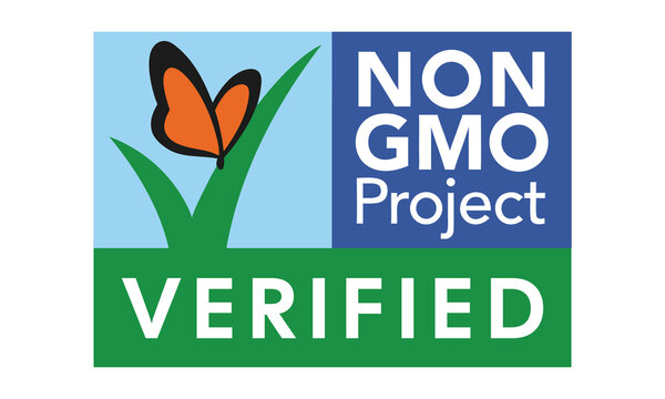 Non GMO Project Verified Label Vector Butterfly Organic Certification Badge for Natural Food, Eco Packaging and GMO Free Product Branding