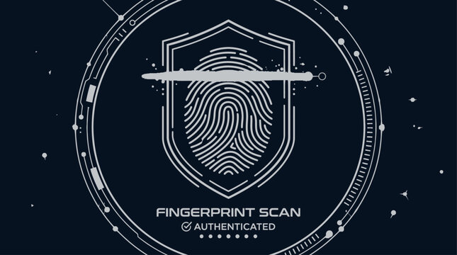 Fingerprint scan icon with shield, biometric security symbol