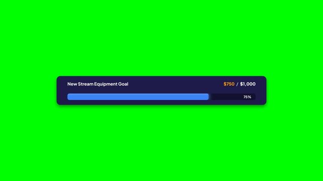 Dynamic progress bar animation showing fundraising goal completion for stream equipment, with animated fill and percentage updates, symbolizing achievement and financial growth.