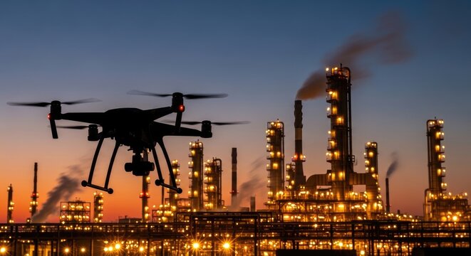 Drone Flying Near Industrial Refinery Structures at Sunset