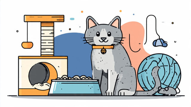 Cute gray cat with collar sitting beside yarn ball and scratching post in playful setting