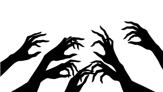 Black silhouettes of reaching hands and fingers grasping in the air
