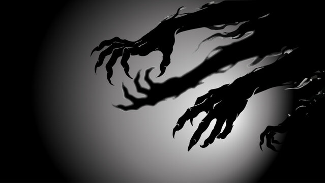 Scary black monster hands with long sharp claws reaching out from the shadows in a dark and eerie mood