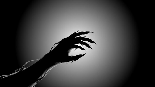 Dark silhouette of a hand with long, sharp claws reaching out from the shadows, evoking a sense