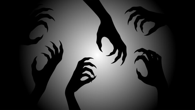 Scary monster hands with sharp claws reaching out in the dark shadows for a spooky halloween background design
