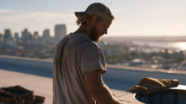 Commercial rooftop HVAC technician replacing filter units during peak summer service season, downtown skyline visible beyond parapet wall, tool bag unzipped on rooftop membrane beside him, sun glare