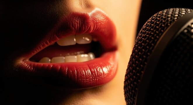  Close-Up of Lips with Pink Lipstick Near Microphone