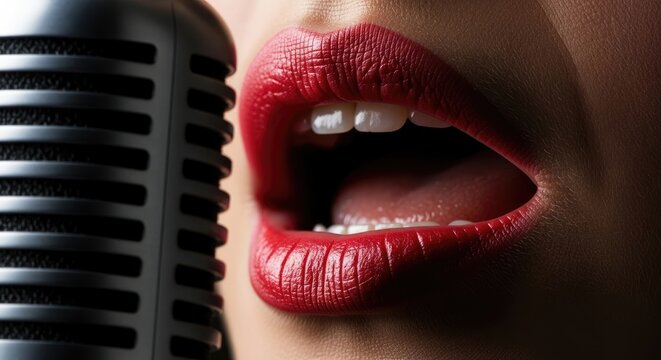  Close-Up of Lips with Pink Lipstick Near Microphone