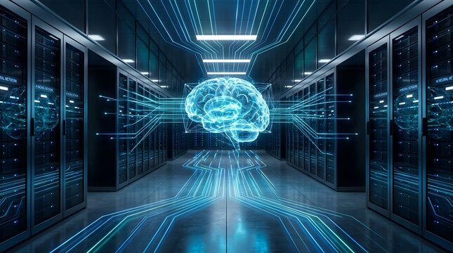 Abstract glowing brain synapses in futuristic technology hallway