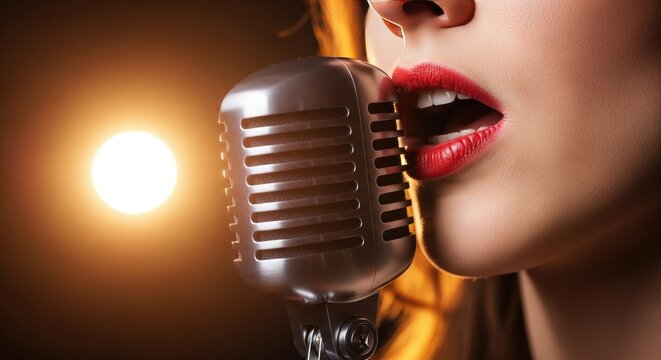  Close-Up of Lips with Pink Lipstick Near Microphone