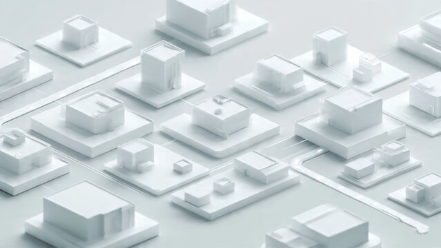3D render of futuristic cityscape with white geometric buildings and clean lines