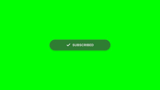 Animated subscribe button animation on green screen with cursor click, changing to checkmark and 'subscribed' status, symbolizing engagement and channel growth, for social media and online content.