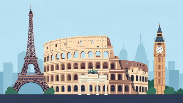 Diverse world landmarks including eiffel tower colosseum and big ben in cityscape