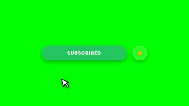 Animated green screen subscribe button animation with mouse cursor interaction and notification bell, symbolizing engagement, channel growth, and audience connection for digital content creation.