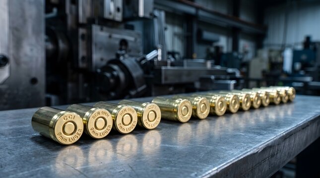 Collection of Brass Cartridges and Ammunition on Steel Table