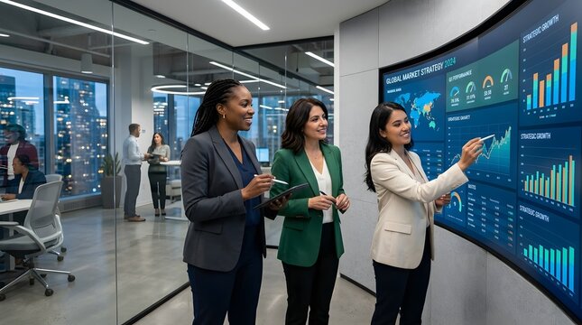Diverse business team presenting data analysis in modern office