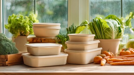 Fototapeta premium Assortment of reusable food storage containers with fresh raw vegetables