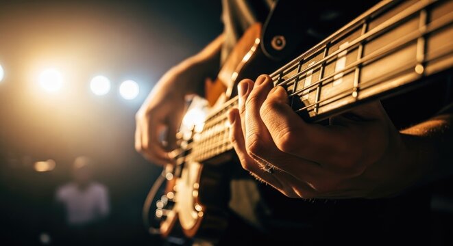 Musician Playing Bass Guitar Under Stage Lighting