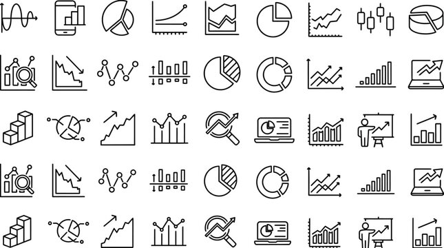 A comprehensive collection of financial and business analytics icons, featuring charts, graphs, and data visualization tools for modern presentations and digital interfaces