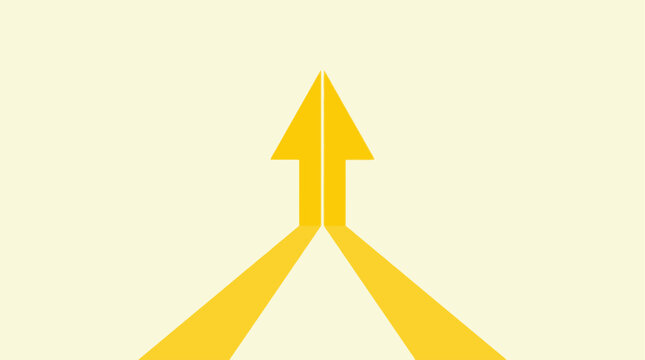 Dynamic yellow arrows converging to form a unified path forward, symbolizing growth, synergy, and strategic direction on a bright background, representing progress