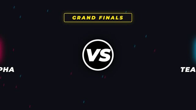 Dynamic Grand Finals showdown graphic with contrasting pink and blue backgrounds, featuring 'Team Alpha' versus 'Team Omega' logos and 'VS' symbol, symbolizing competition, rivalry.