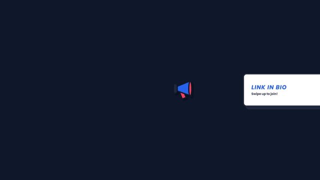 Animated Megaphone Icon with 'Link in Bio' Text Animation, Pulsating and Expanding, Representing Social Media Call to Action, Engagement, and Online Promotion.
