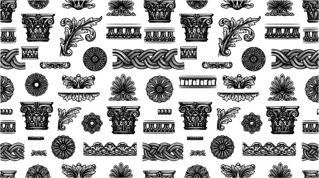 Set of decorative classical architectural elements including ornate column capitals and vintage floral frieze borders