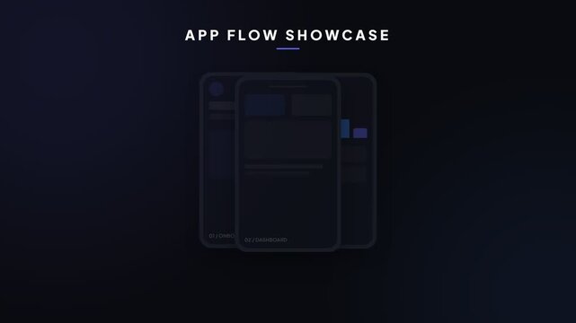 Cinematic App Flow Showcase with Onboarding, Dashboard, and Analytics Screens, animated on dark background, symbolizing digital progress and user experience design, representing technological.