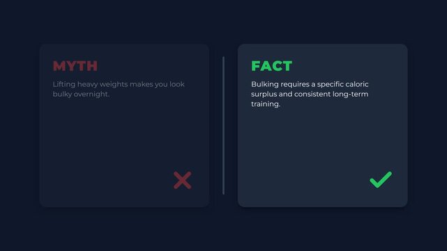 Dynamic Myth vs Fact comparison animation with red cross and green checkmark, illustrating fitness concepts, symbolizing truth, clarity, and informed decisions for educational content.