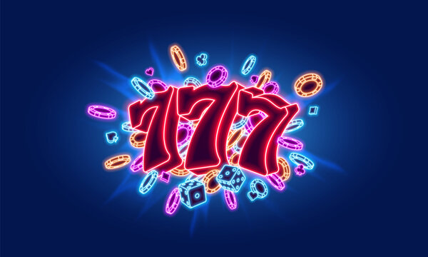 Neon sign lucky sevens with dice and chips on a bright background. Mega slots casino banner. Vector illustration.