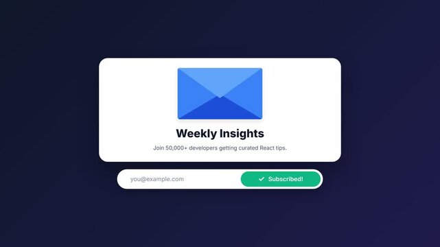 Seamless animation of email subscription pop-up notification with cursor interaction, featuring blue envelope icon and 'Weekly Insights' text, symbolizing communication, engagement.