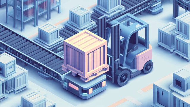 Industrial forklift transporting cargo container in modern warehouse setting with stacked crates
